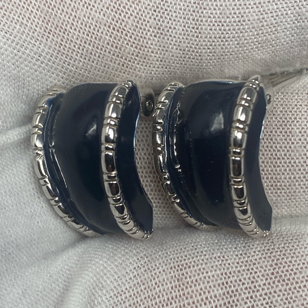 St. John Vintage Black Half Hoop Silver  Clip On Earrings - Picture 14 of 15